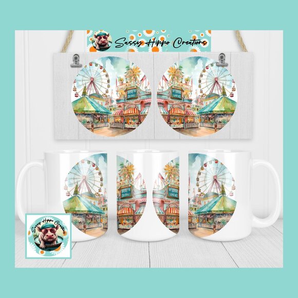 Ceramic Coffee Mug Boardwalk Ferris Wheel Carnival Games 15oz Hand Sublimated - Picture 1 of 4
